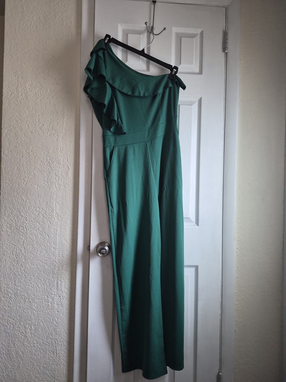 Green One-Shoulder Ruffle Jumpsuit - Picture 1 of 3